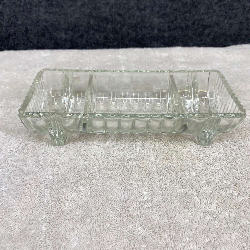 Vintage Clear Glass 3 Compartment Divided Relish Dish Footed Rectangular 9x4